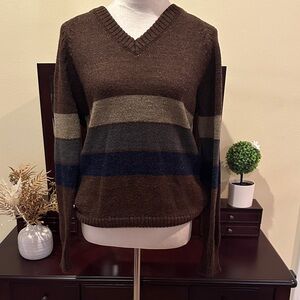 Puritan Men's V-Neck Sweater in Brown and Blue Stripes